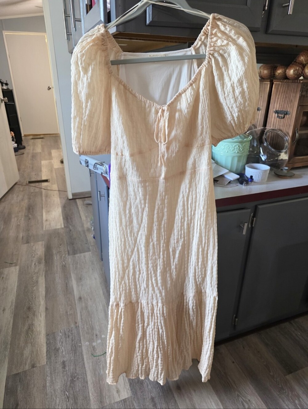 NWT Roolee Peach Smocked Puff Sleeve Maxi Dress Tie Front